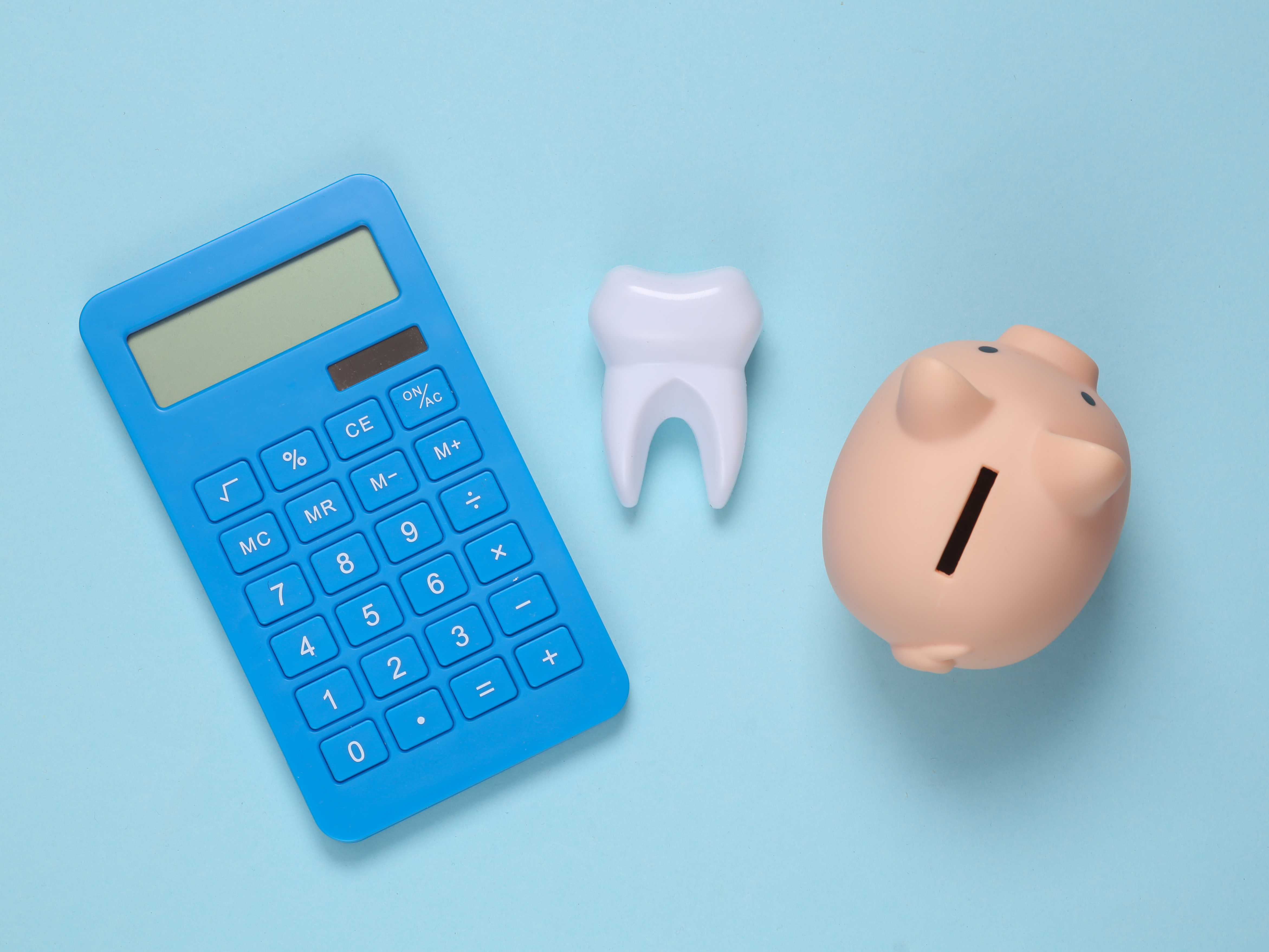 A piggybank, calculator, and tooth seen from above on table